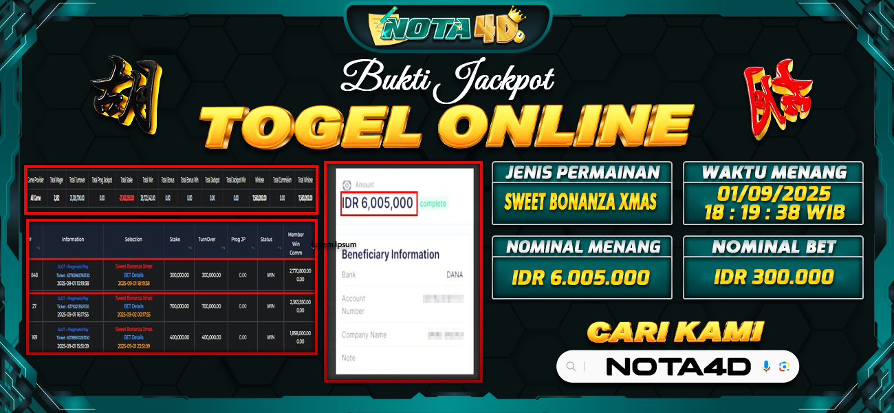 Bukti Kemenangan Besar Dibayar lunas Member NOTA4D RP 6.005.000, 1 September 2025