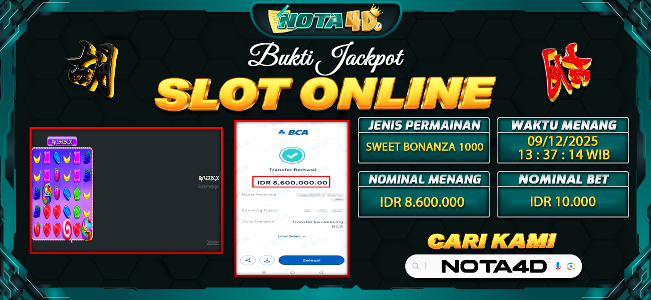 Bukti Kemenangan Besar Dibayar lunas Member NOTA4D RP 8.600.000, 10 Desember 2025