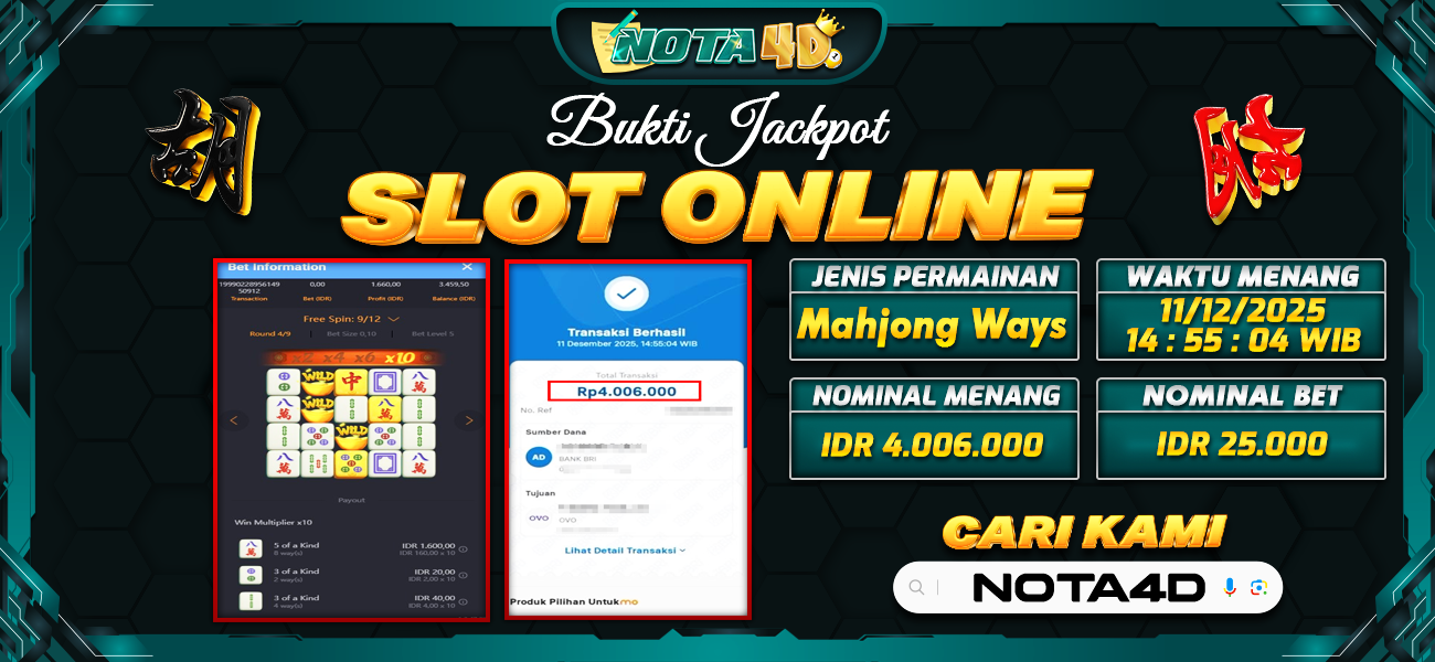 Bukti Kemenangan Besar Dibayar lunas Member NOTA4D RP 4.006.000, 11 Desember 2025