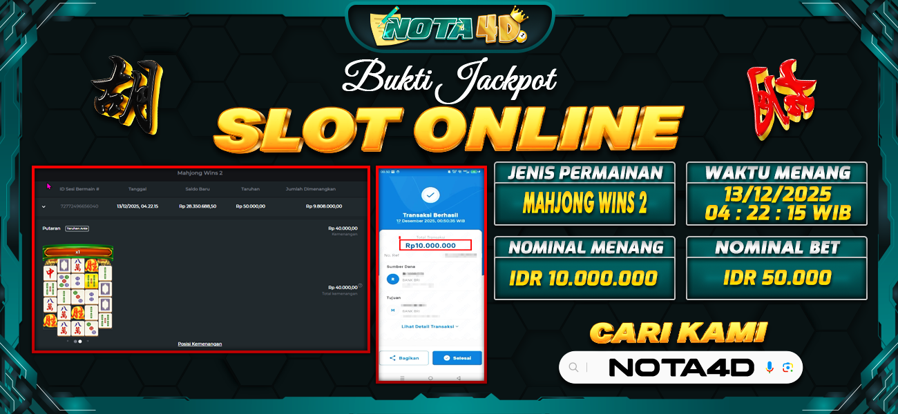 Bukti Kemenangan Besar Dibayar lunas Member NOTA4D RP 10.000.000, 13 Desember 2025