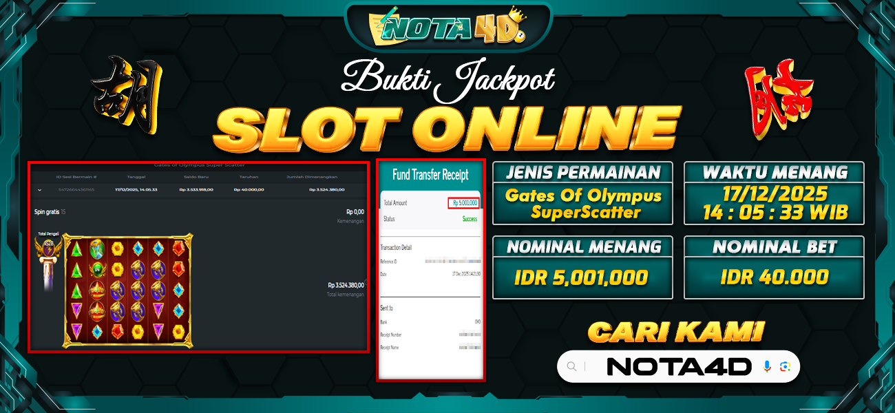 Bukti Kemenangan Besar Dibayar lunas Member NOTA4D RP 5.001.000, 17 Desember 2025