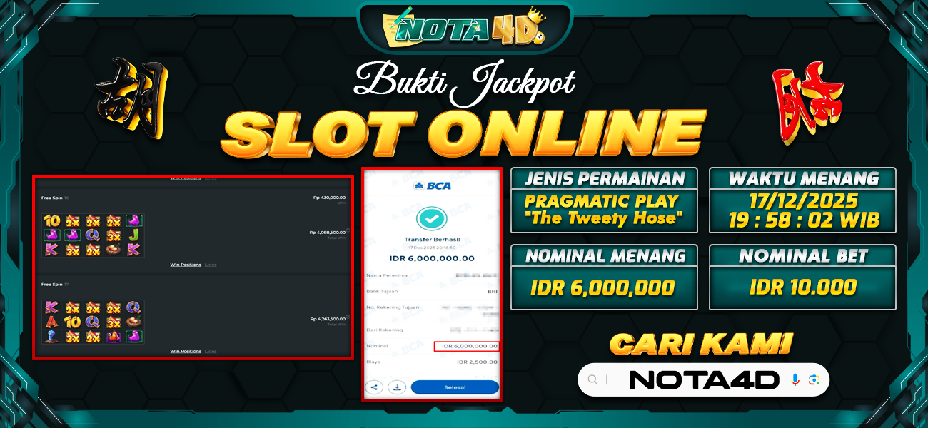 Bukti Kemenangan Besar Dibayar lunas Member NOTA4D RP 6.000.000, 17 Desember 2025
