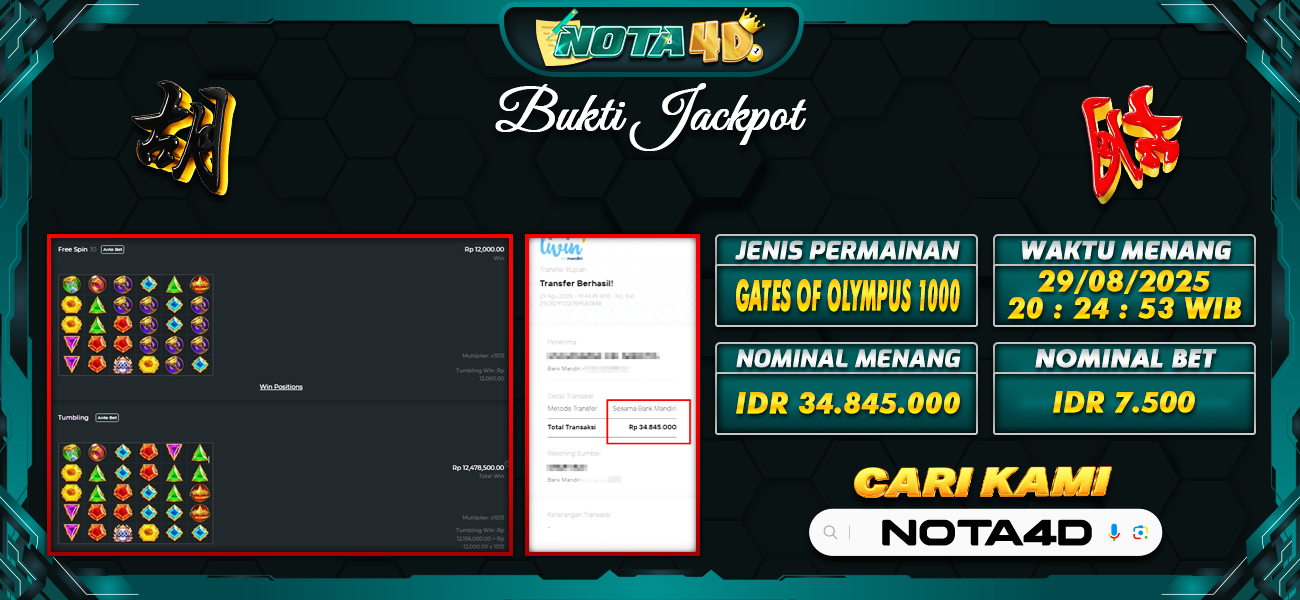Bukti Kemenangan Besar Dibayar lunas Member NOTA4D RP 34.845.000, 29 Agustus 2025