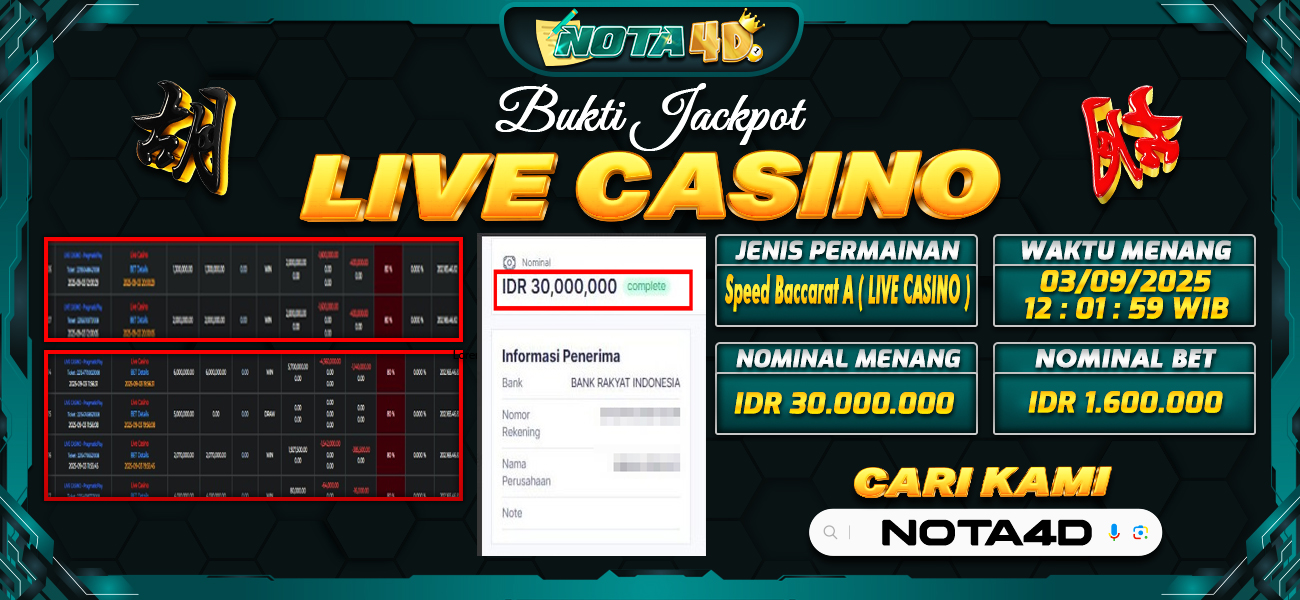 Bukti Kemenangan Besar Dibayar lunas Member NOTA4D RP 30.000.000, 3 September 2025