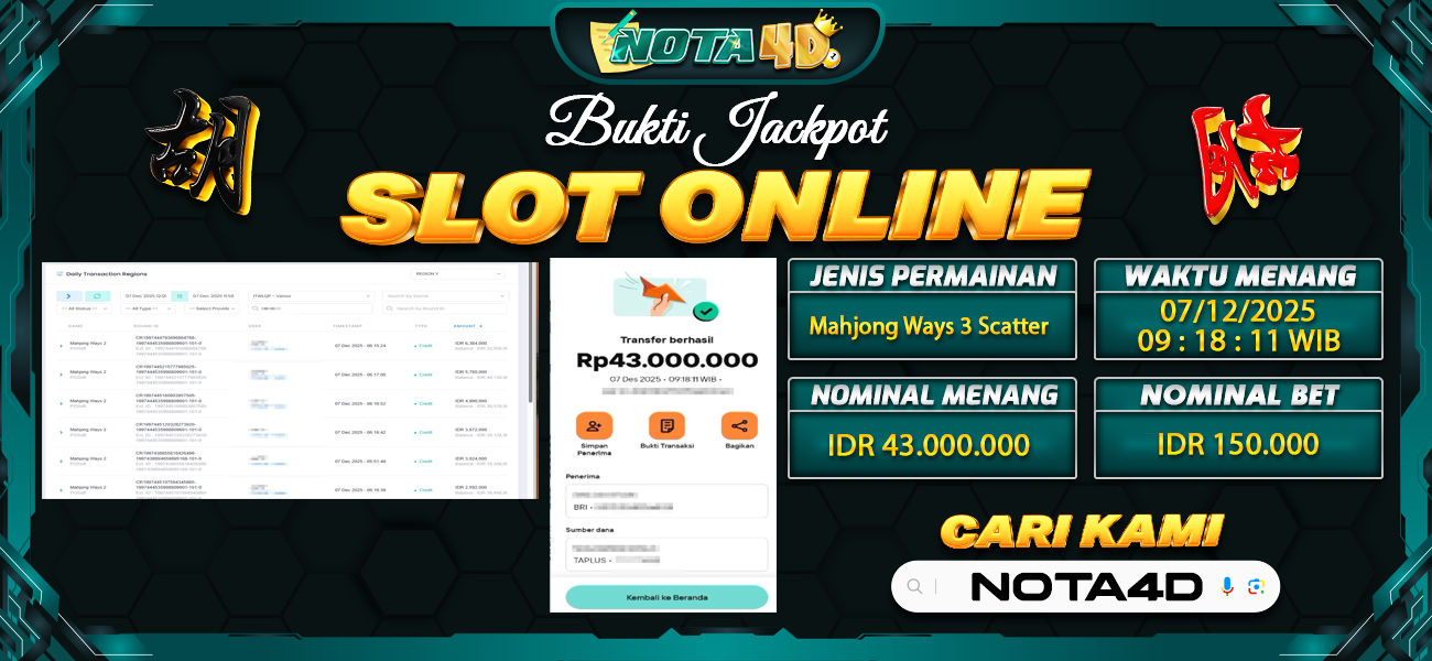 Bukti Kemenangan Besar Dibayar lunas Member NOTA4D RP 43.000.000, 7 Desember 2025