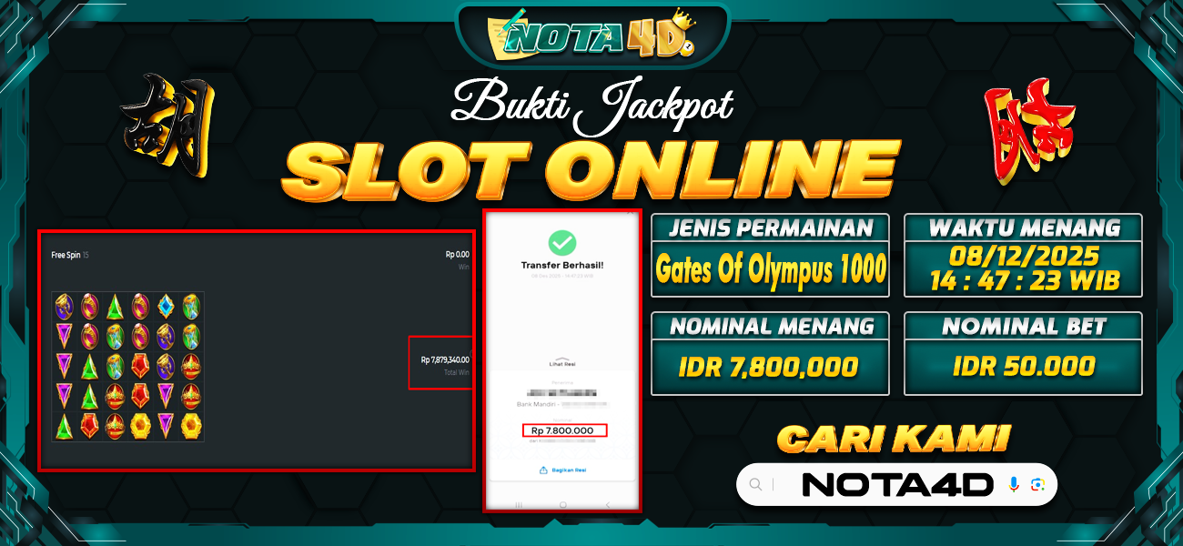 Bukti Kemenangan Besar Dibayar lunas Member NOTA4D RP 7.800.000, 8 Desember 2025