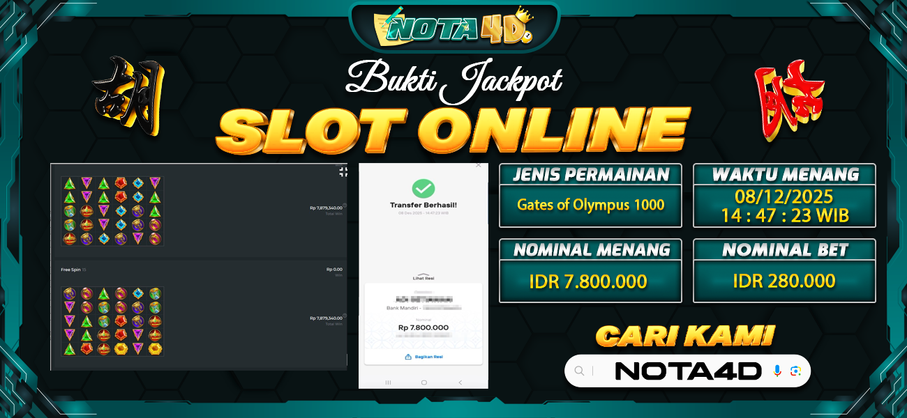 Bukti Kemenangan Besar Dibayar lunas Member NOTA4D RP 7.800.000, 8 Desember 2025